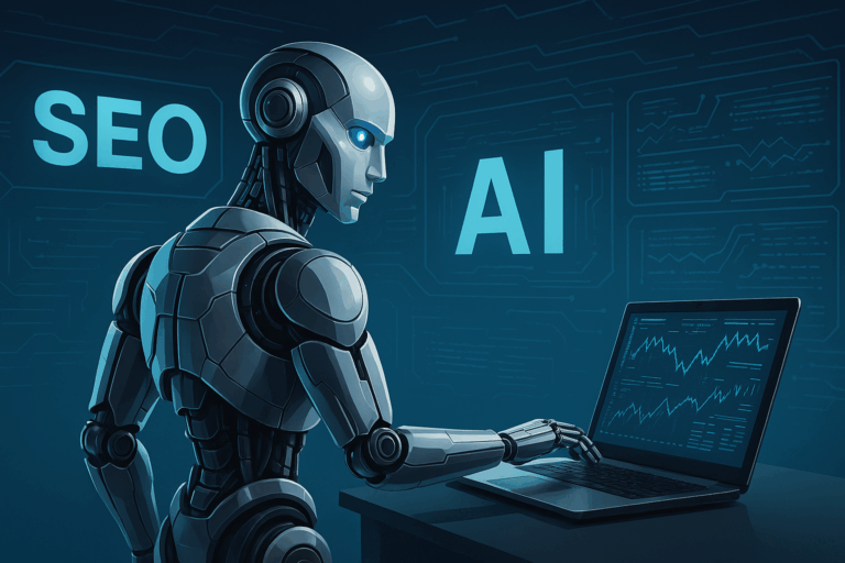 Illustrasjon av en humanoid robot som jobber på en laptop med data og grafer, med teksten «SEO» og «AI» i bakgrunnen.