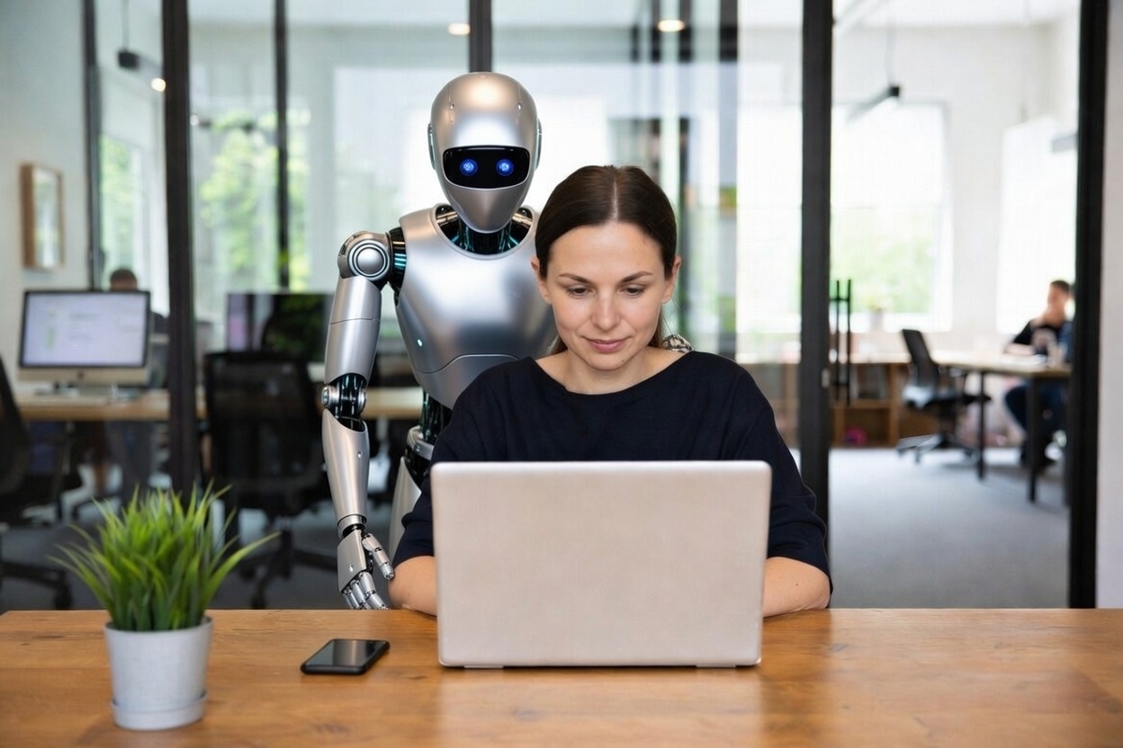 robot looking over a lady's shoulder who is writing content on her laptop.
